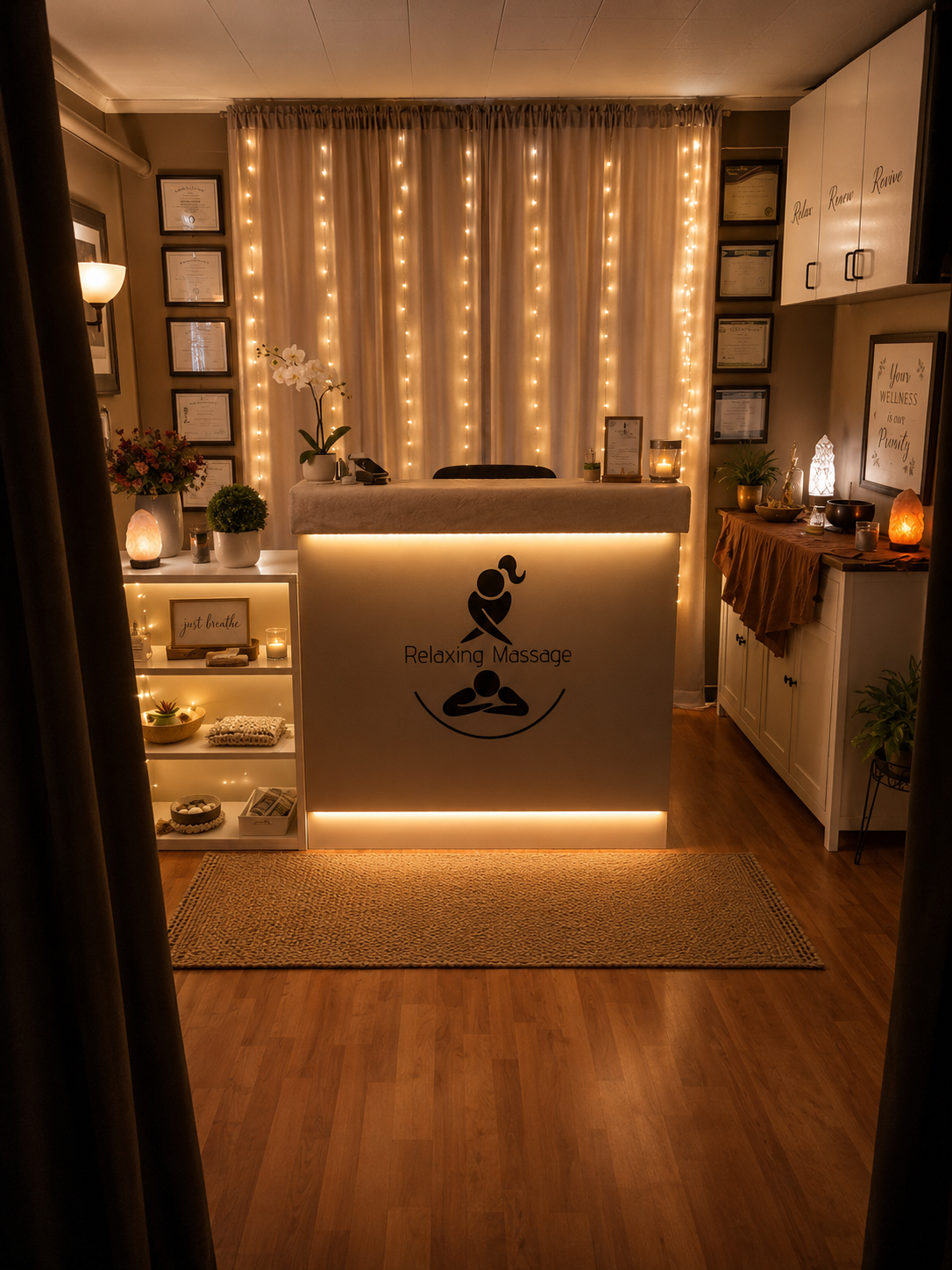 Warmly lit Montgomery massage studio reception area